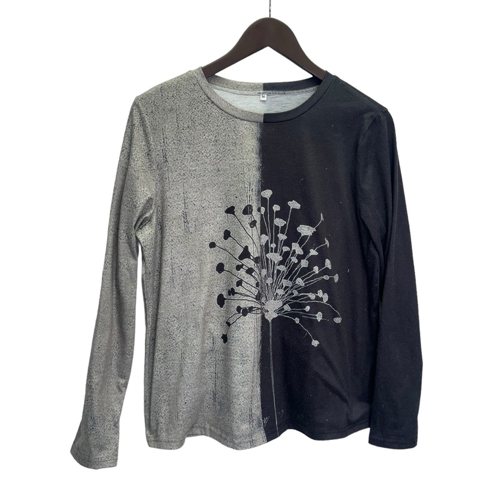 Grey/Black Long Sleeve Crew Neck Fashion T-Shirt Top Size M